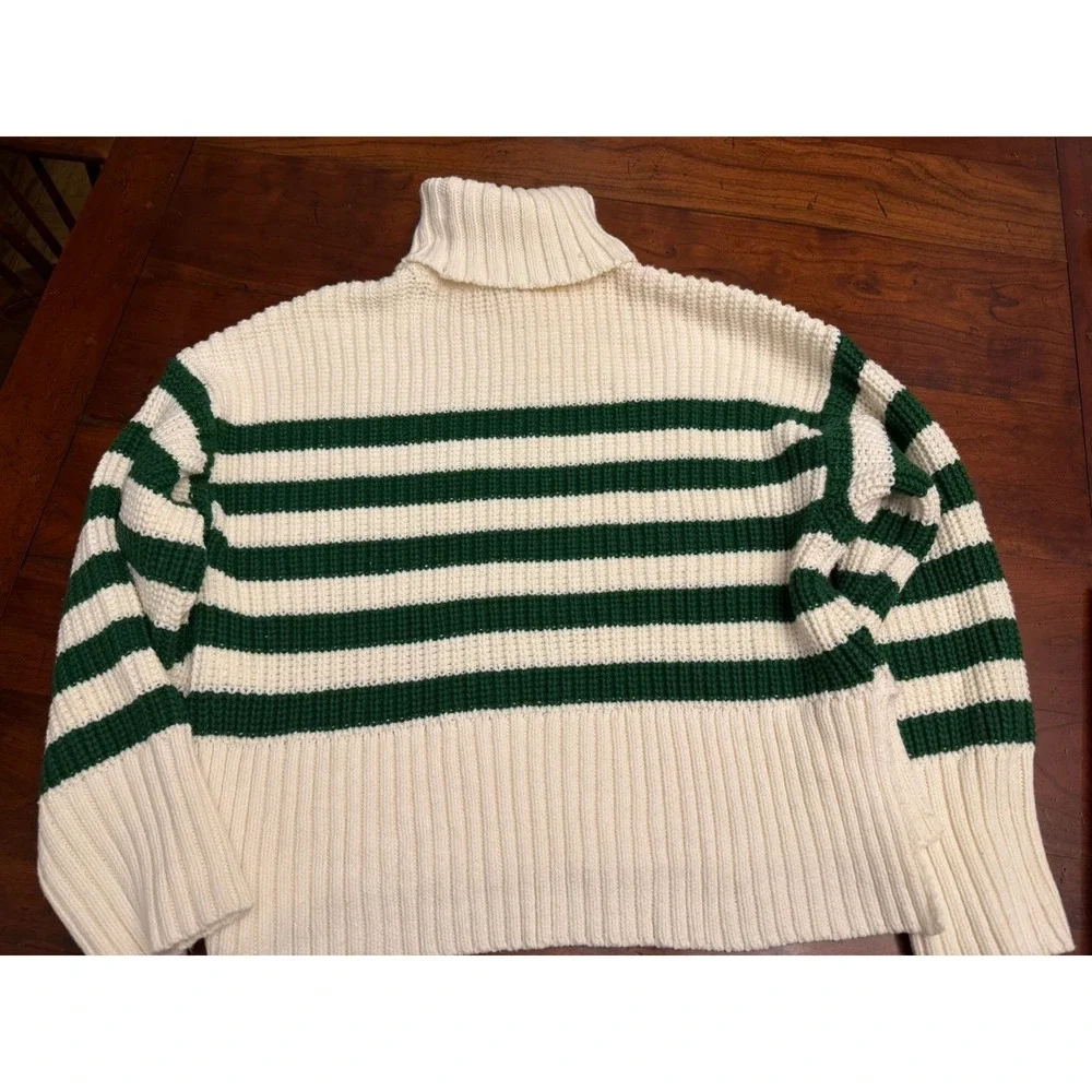Madewell Wide Rib Turtleneck Sweater‎ Varsity Green Striped Cream Crop XS NO064
